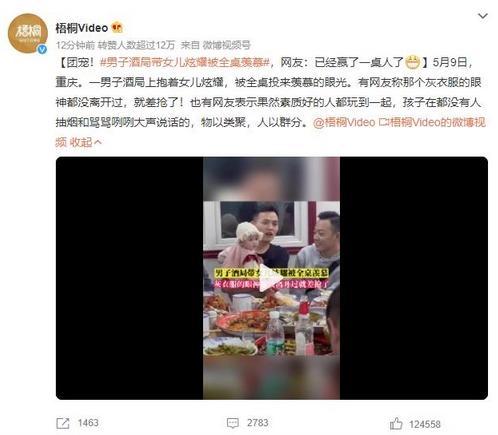 重慶男子帶女兒酒局炫耀，引全桌羨慕目光，網(wǎng)友點贊傳遞正能量