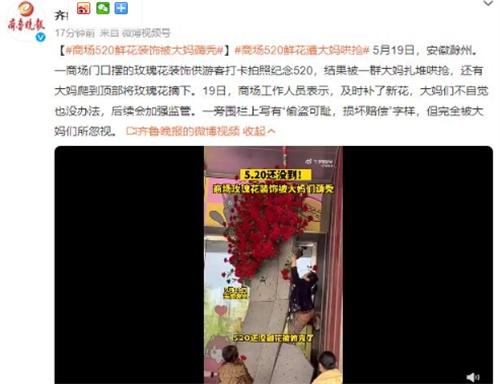 大媽哄搶商場520鮮花，頂部玫瑰花遭摘??！
