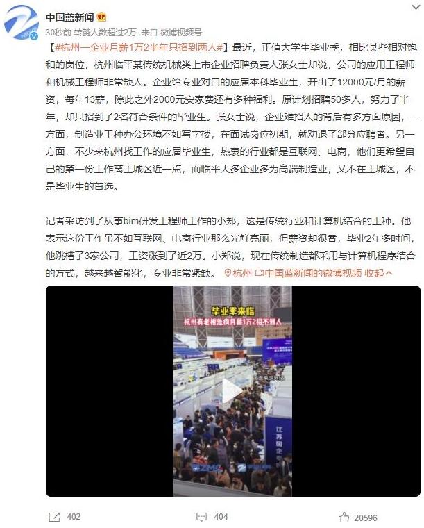 杭州傳統(tǒng)制造業(yè)崗位空缺，大學(xué)生就業(yè)傾向互聯(lián)網(wǎng)還是高薪傳統(tǒng)工作？
