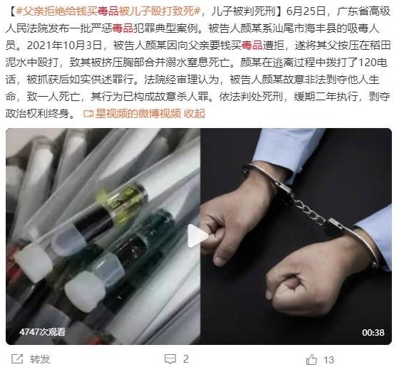 廣東一吸毒者因向父親要錢購買毒品遭拒毆打致死，兒子被判死刑