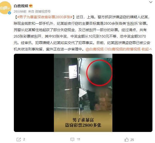 上海盜竊案曝光：犯罪嫌疑人盜取2800余張刮刮樂彩票，中獎金額超過3000元