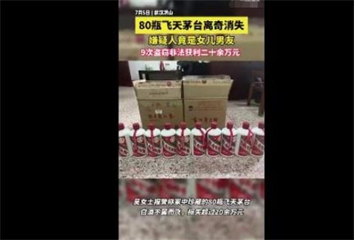 湖北武漢女兒男友盜竊80瓶飛天茅臺案，涉案金額20萬元，警方迅速偵破